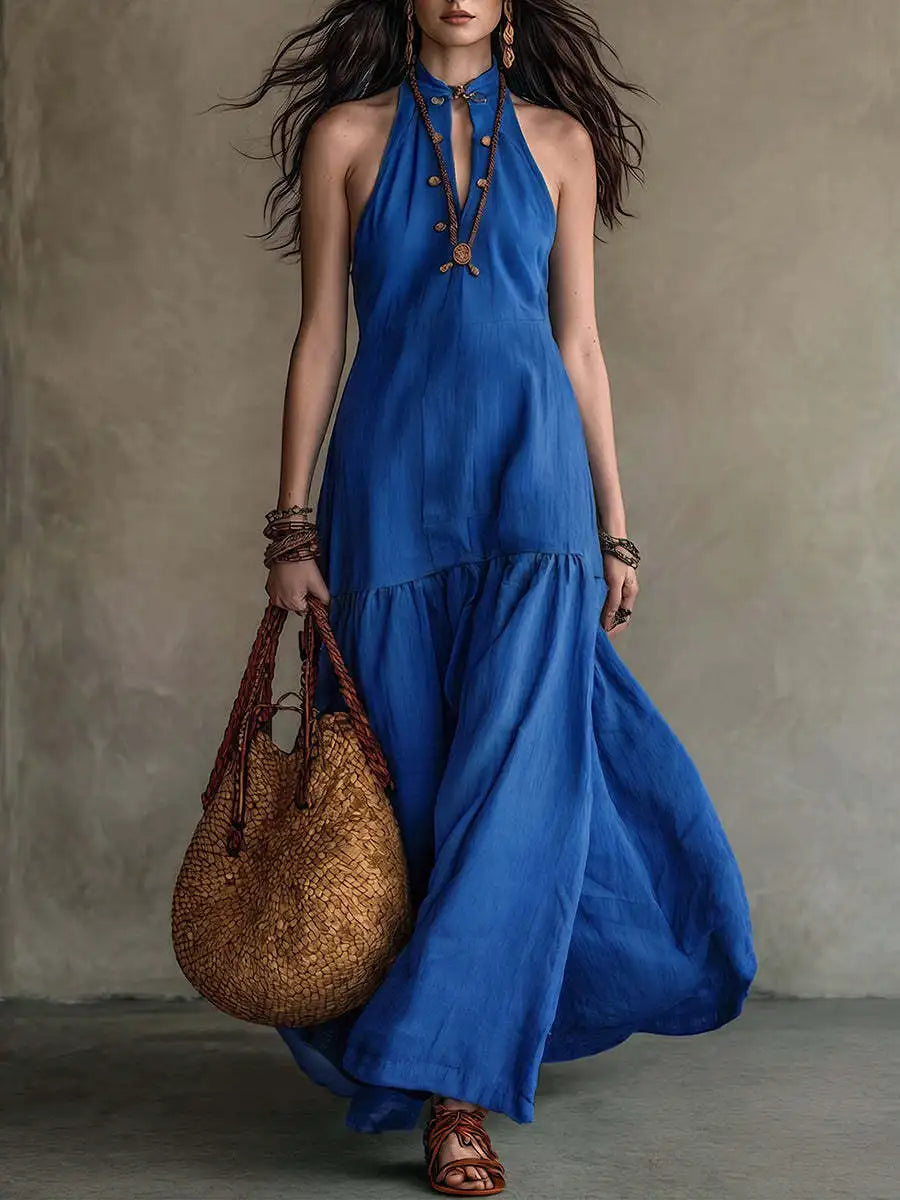 Ruffle-hem maxi dress in blue