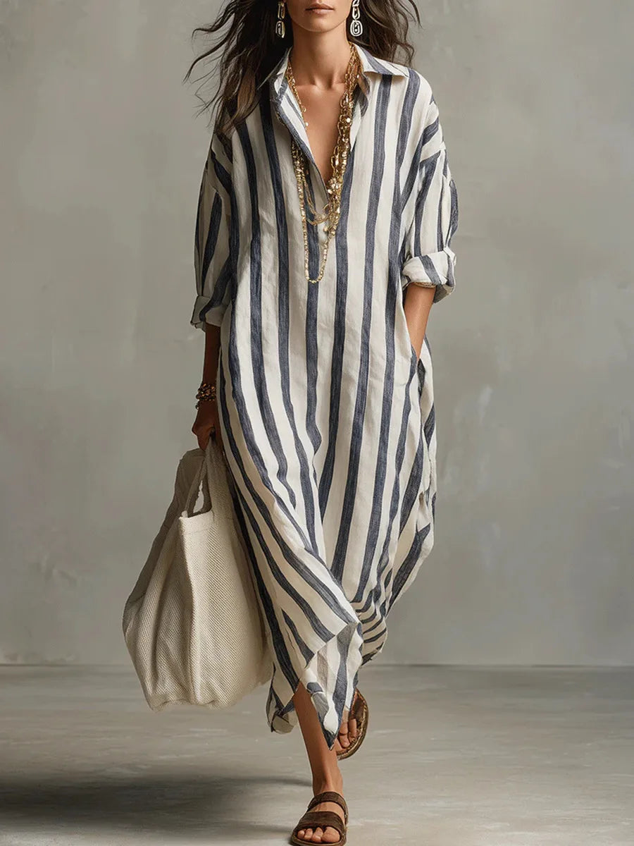 Blue linen long-sleeve loose shirt dress with pockets