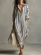 Blue linen long-sleeve loose shirt dress with pockets