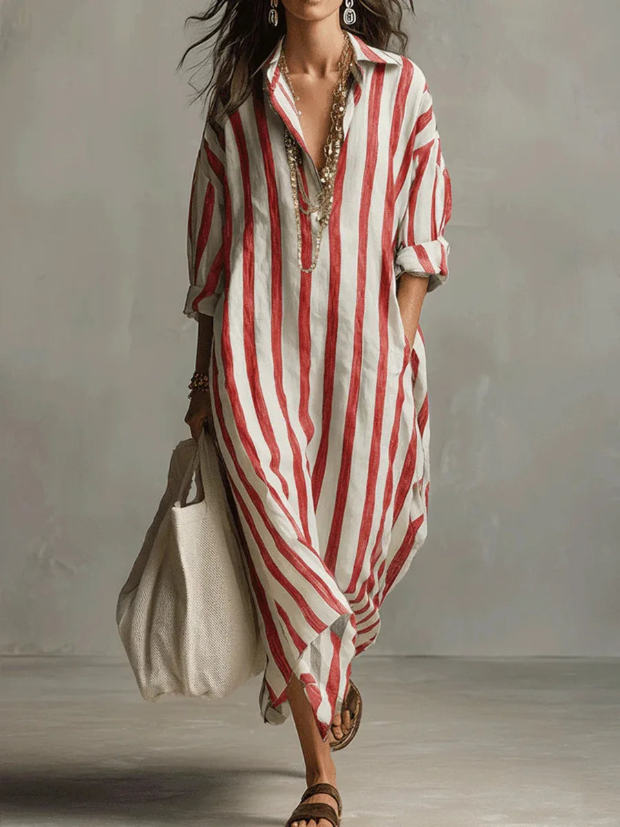 Red linen long-sleeve loose shirt dress with pockets