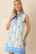 Women's Seaside Dreaming Blue Embroidered Contrast Trim Mini Shift Dress | 70% Nylon & 30% Linen 0