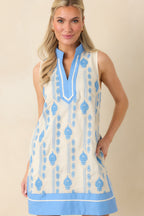 Women's Seaside Dreaming Blue Embroidered Contrast Trim Mini Shift Dress | 70% Nylon & 30% Linen 3