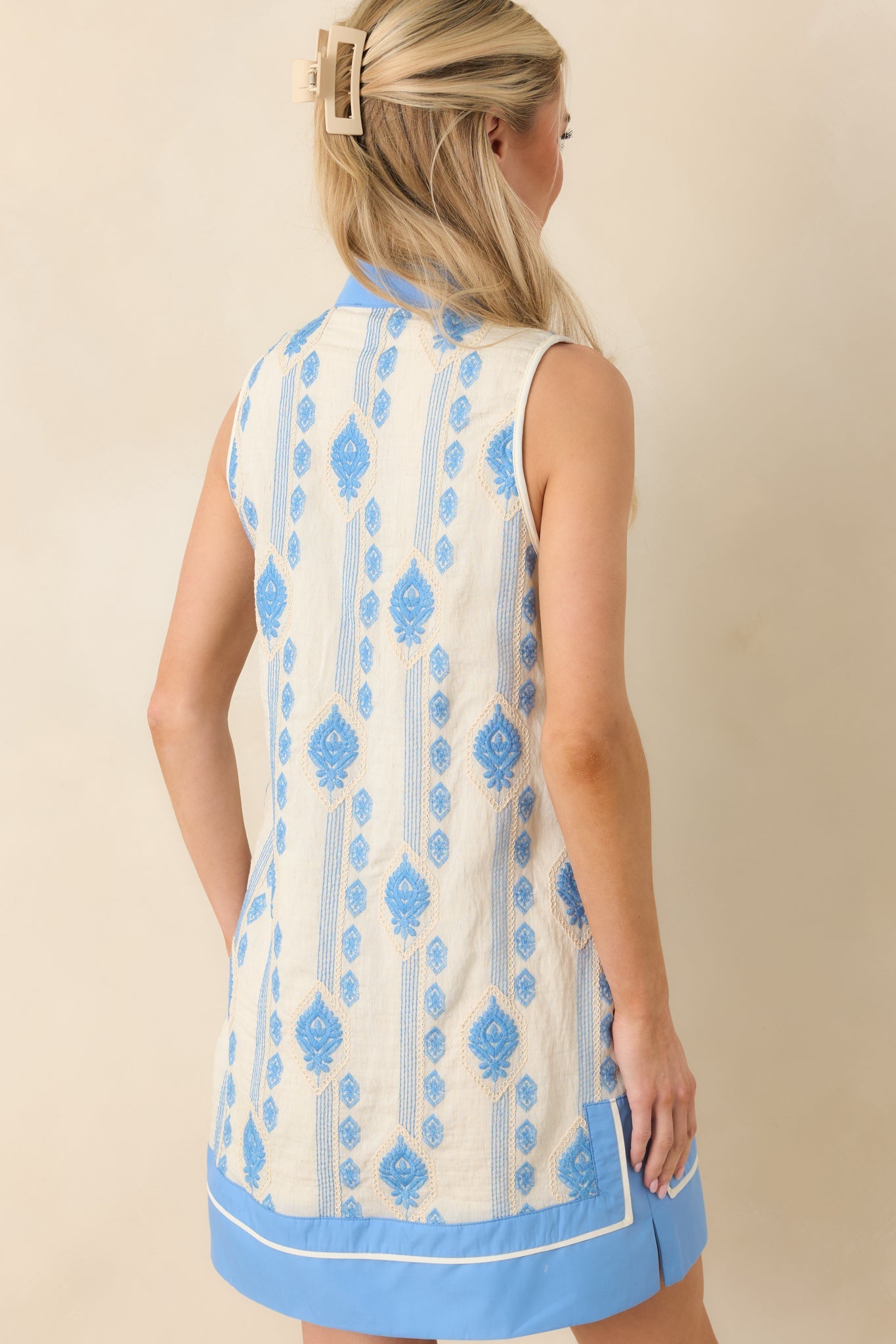 Women's Seaside Dreaming Blue Embroidered Contrast Trim Mini Shift Dress | 70% Nylon & 30% Linen 7