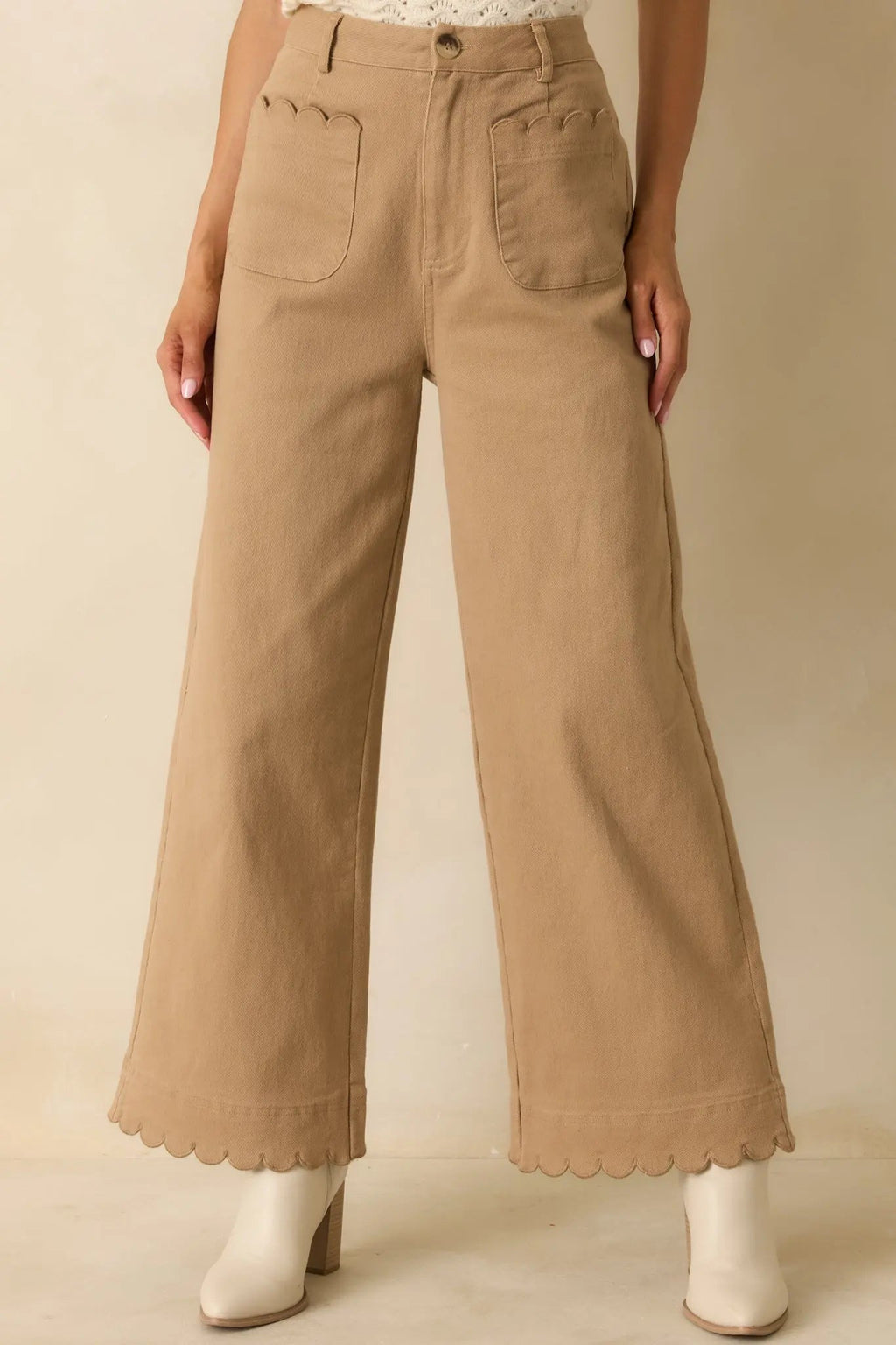 Women's Set For The Day Camel Cotton Scalloped Wide Leg Pants | 97% Cotton & 3% Spandex 0