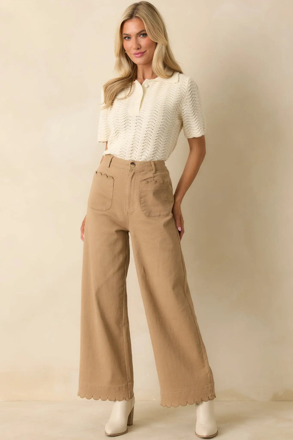 Women's Set For The Day Camel Cotton Scalloped Wide Leg Pants | 97% Cotton & 3% Spandex 2