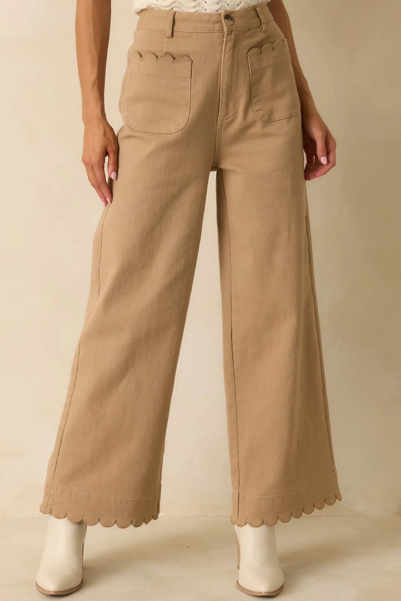 Women's Set For The Day Camel Cotton Scalloped Wide Leg Pants | 97% Cotton & 3% Spandex 3