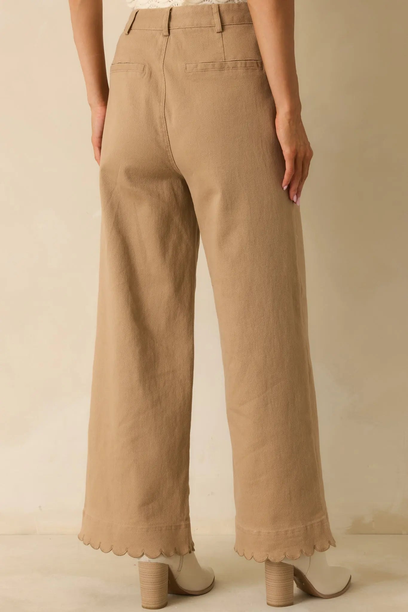 Women's Set For The Day Camel Cotton Scalloped Wide Leg Pants | 97% Cotton & 3% Spandex 5