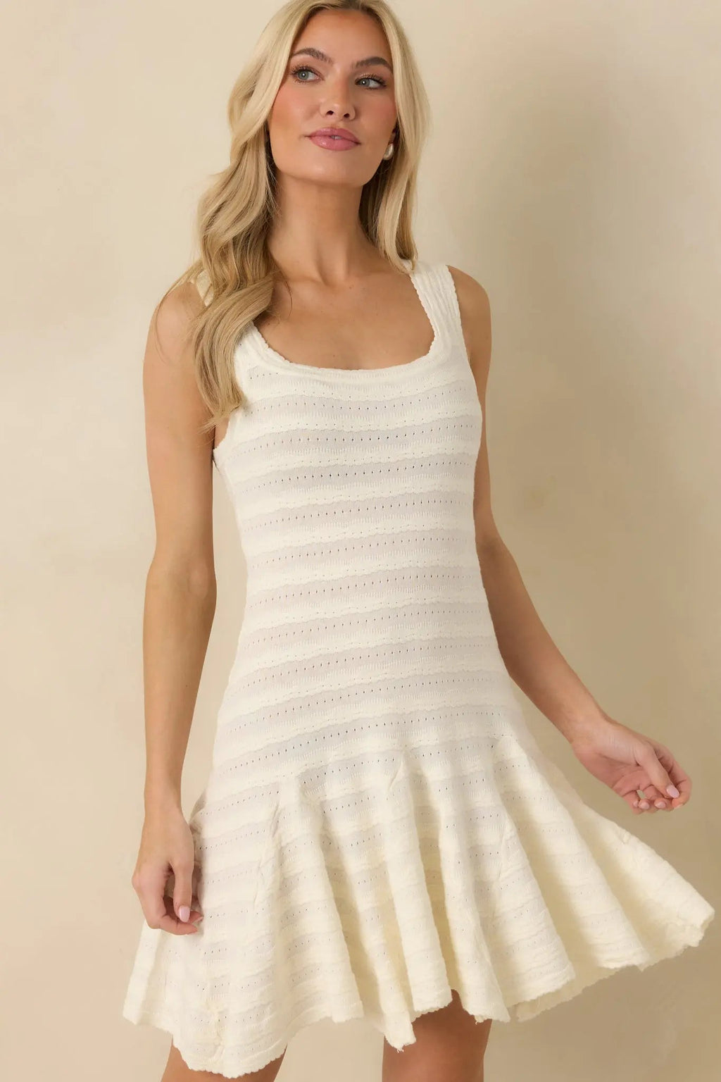 Women's Set In Motion Ivory Textured Knit Sleeveless Mini Dress | 75% Viscose & 25% Polyester 4