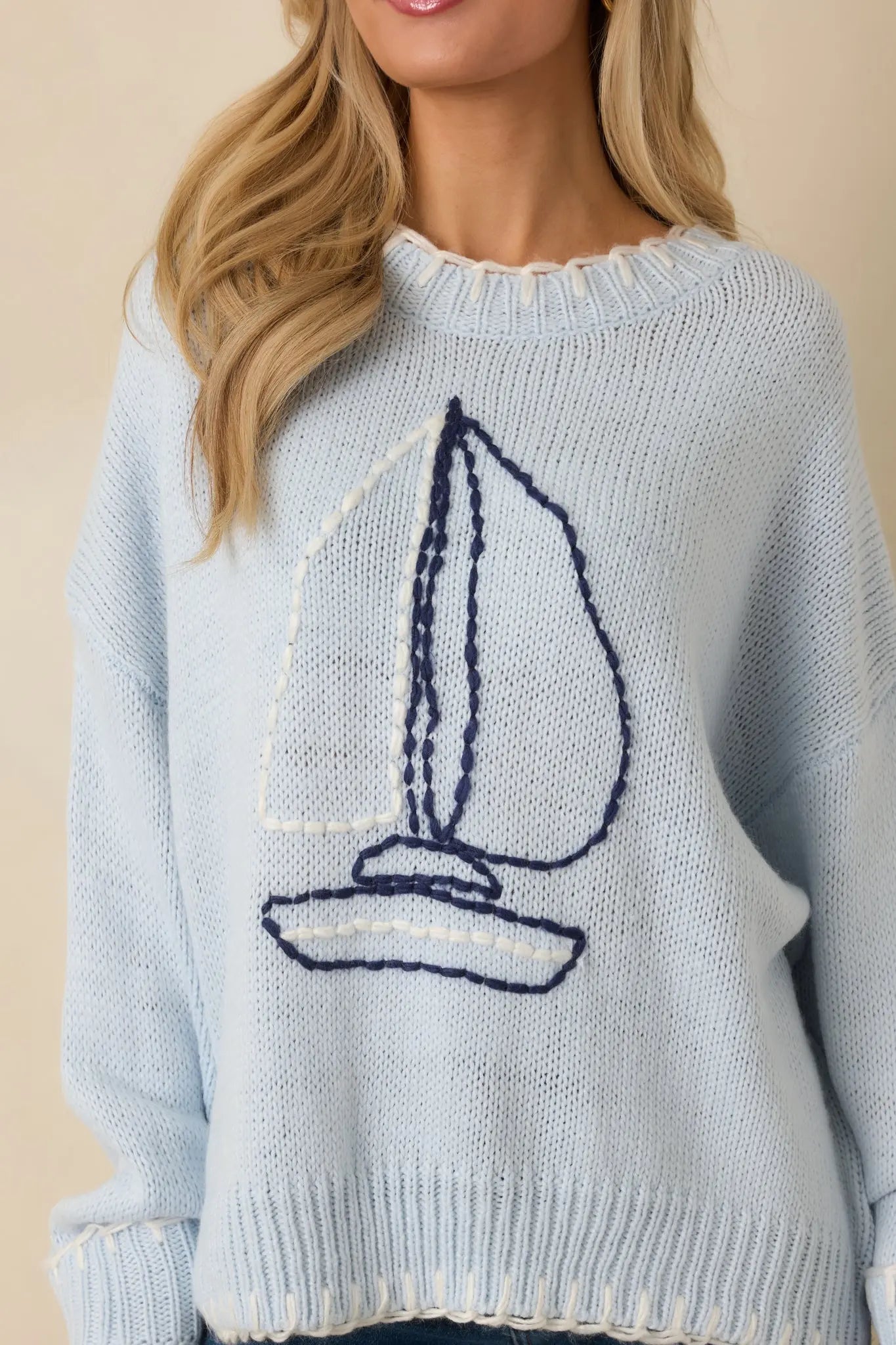 Women's Set Your Course Light Blue Knit Embroidered Sailboat Sweater | 100% Acrylic 1