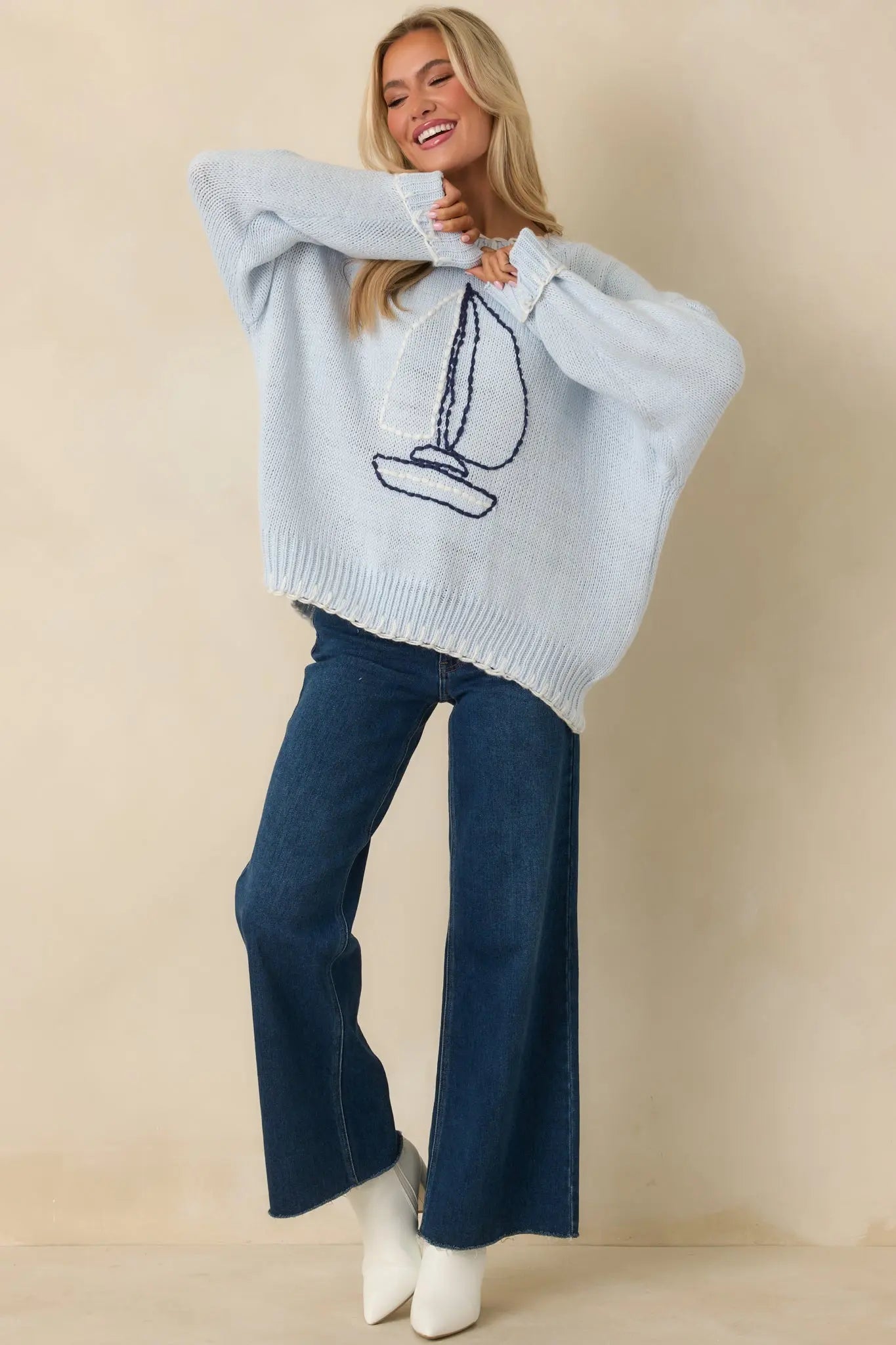 Women's Set Your Course Light Blue Knit Embroidered Sailboat Sweater | 100% Acrylic 3