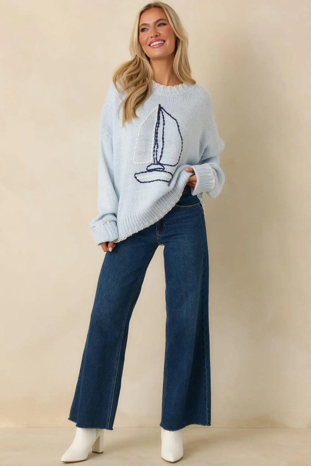 Women's Set Your Course Light Blue Knit Embroidered Sailboat Sweater | 100% Acrylic 5