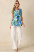 Women's She Means Blooming Business Blue Floral Jacquard Sleeveless Top | 100% Polyester 4