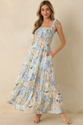 Women's Shoreline Sonata Blue Multi Palm Print Tie Strap Tiered Maxi Dress | 60% Cotton & 40% Rayon 0