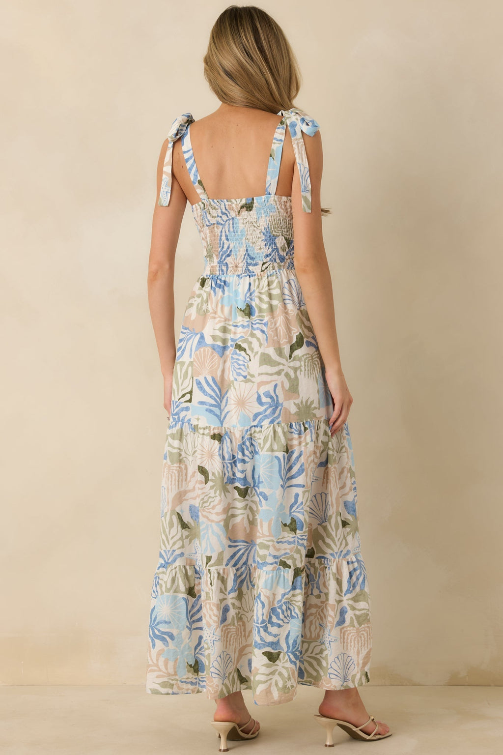 Women's Shoreline Sonata Blue Multi Palm Print Tie Strap Tiered Maxi Dress | 60% Cotton & 40% Rayon 7