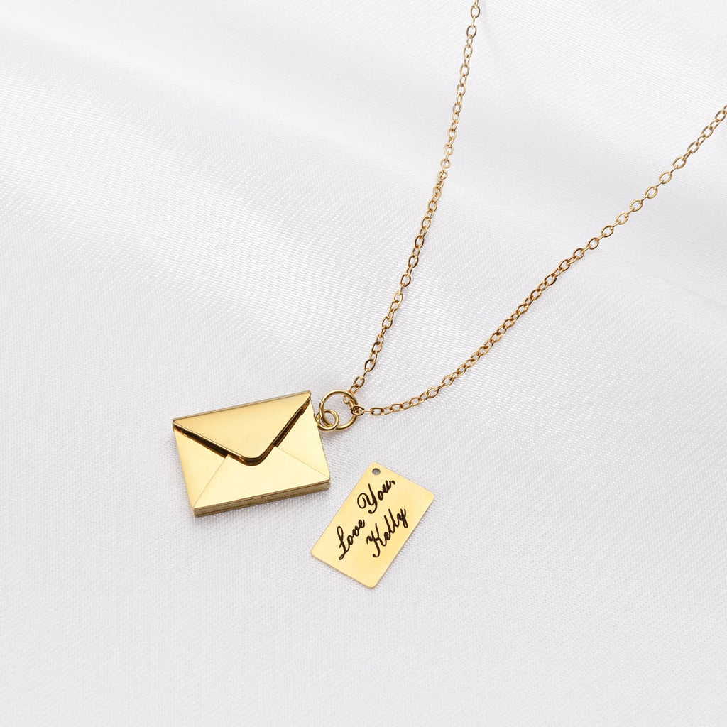 Model wearing the love letter necklace