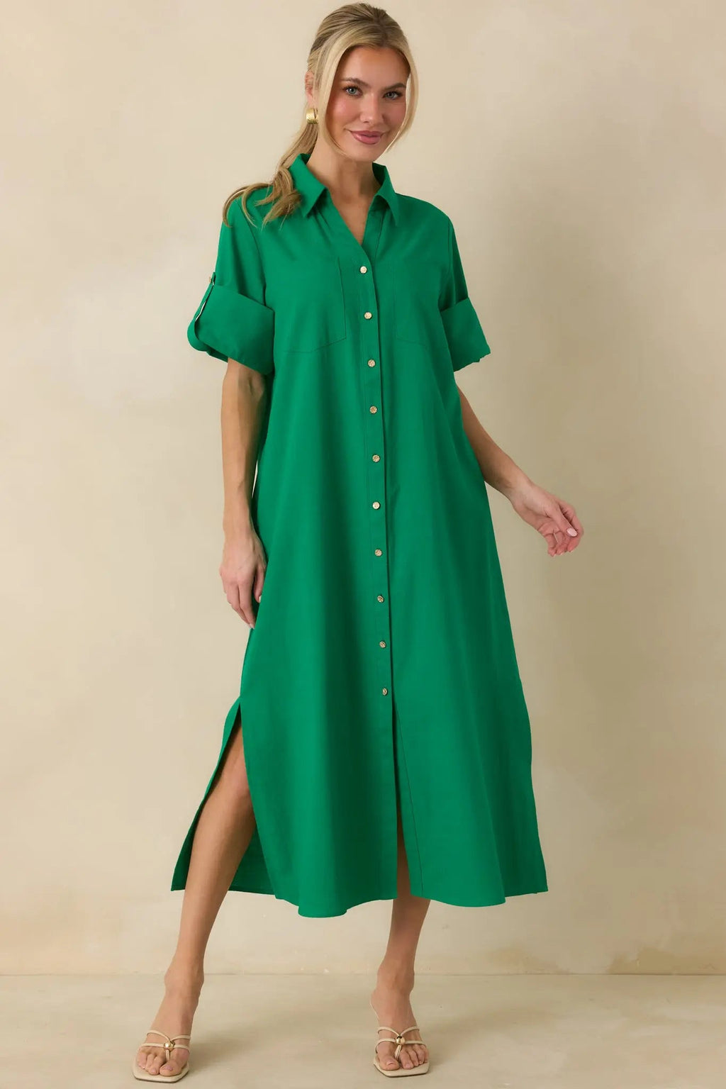 Women's Show Me the Way Kelly Green Cotton Button Front Midi Shirt Dress | 100% Cotton 0