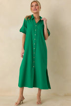 Women's Show Me the Way Kelly Green Cotton Button Front Midi Shirt Dress | 100% Cotton 3