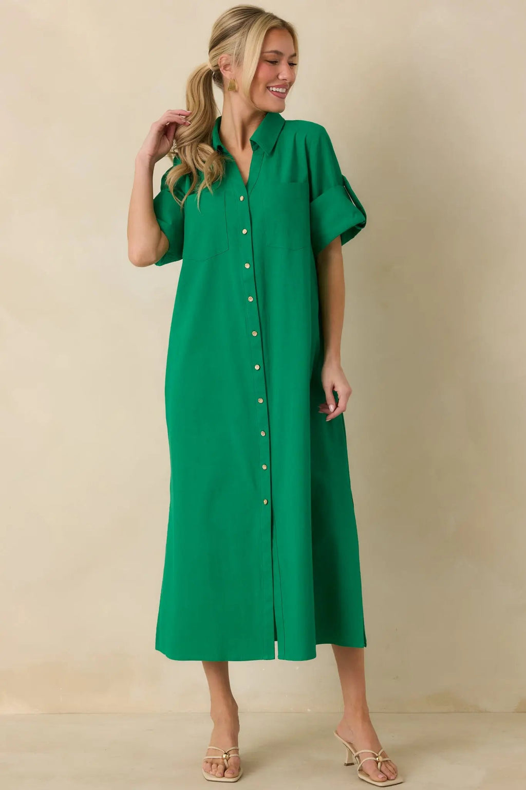 Women's Show Me the Way Kelly Green Cotton Button Front Midi Shirt Dress | 100% Cotton 4