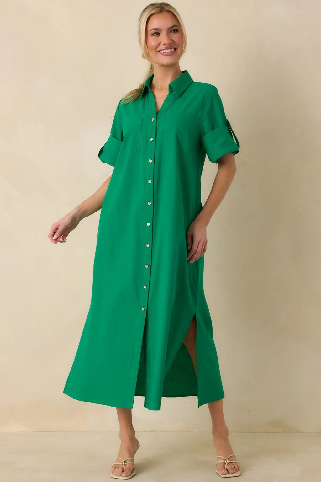 Women's Show Me the Way Kelly Green Cotton Button Front Midi Shirt Dress | 100% Cotton 5