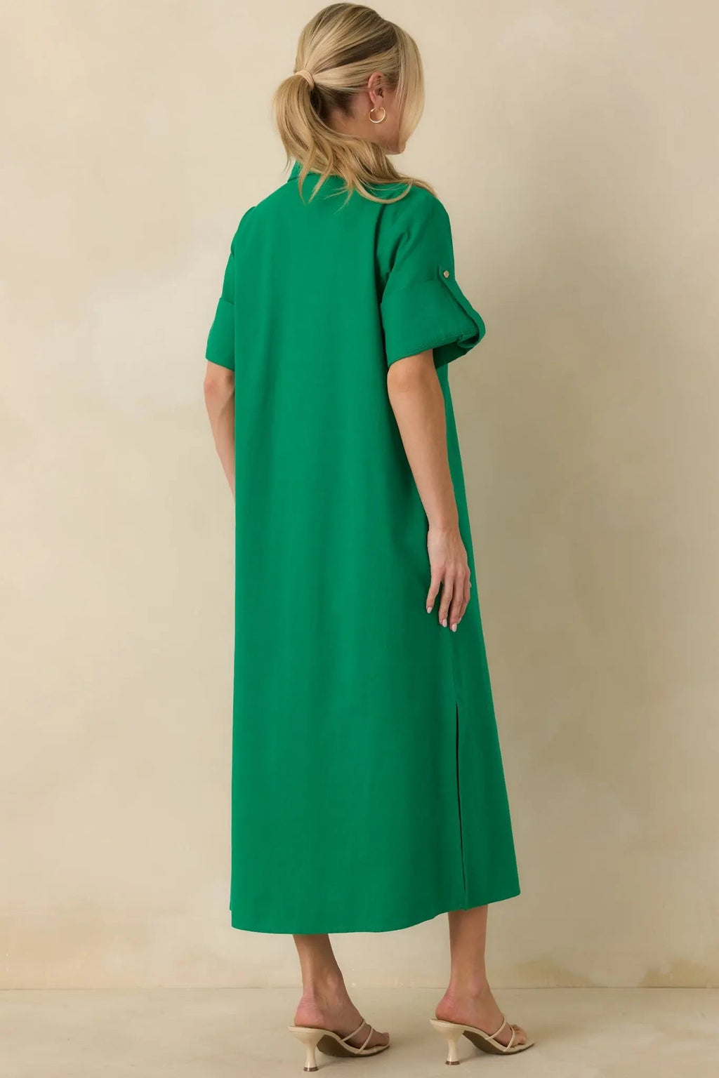 Women's Show Me the Way Kelly Green Cotton Button Front Midi Shirt Dress | 100% Cotton 6