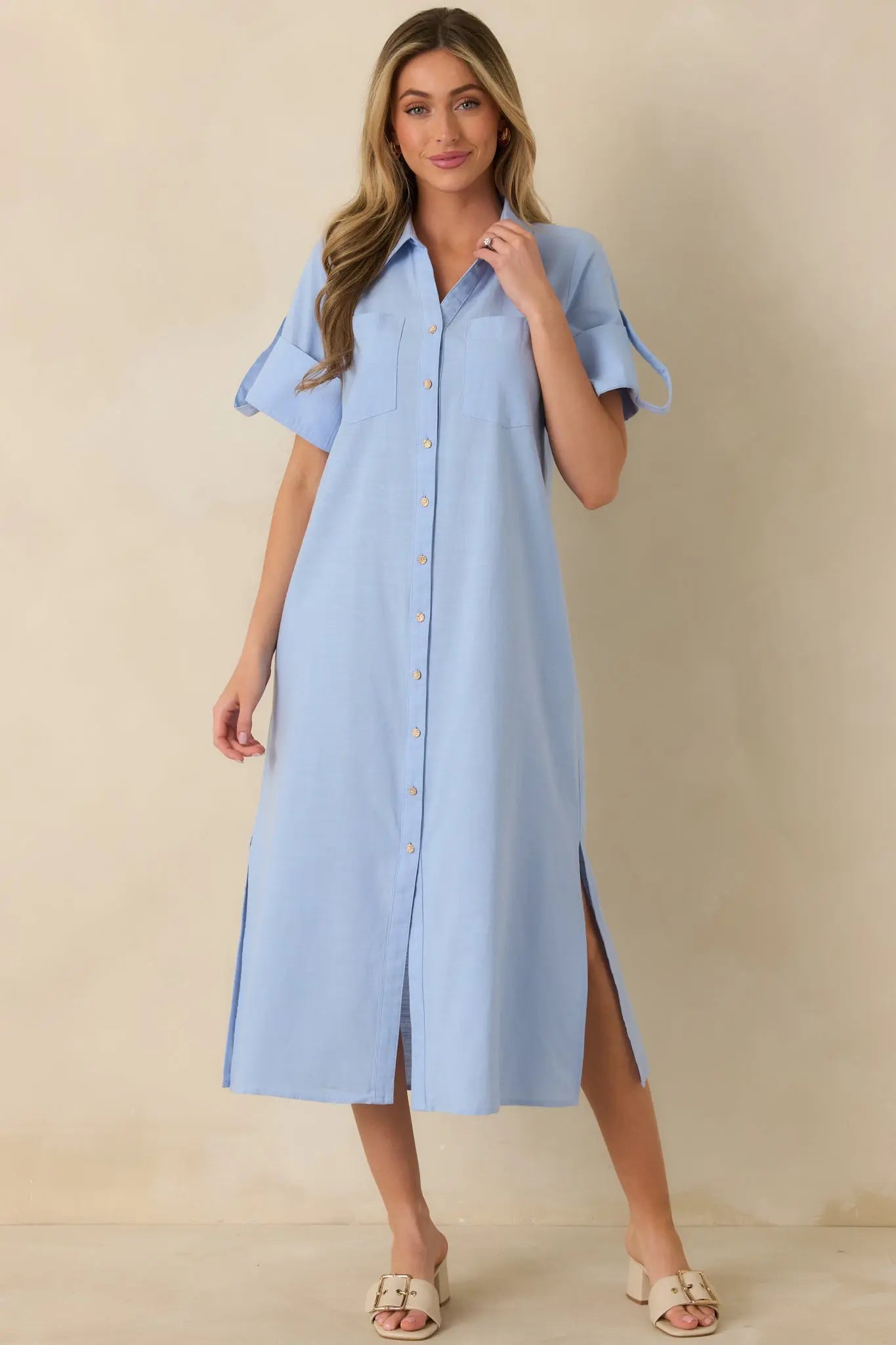 Women's Show Me the Way Light Blue Cotton Button Front Midi Shirt Dress | 100% Cotton 0