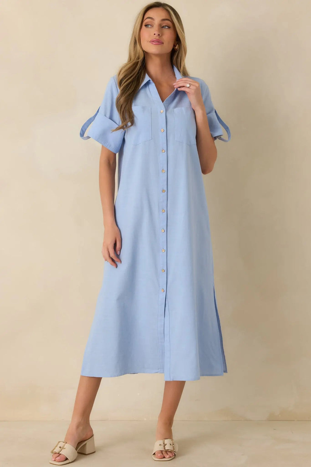 Women's Show Me the Way Light Blue Cotton Button Front Midi Shirt Dress | 100% Cotton 1