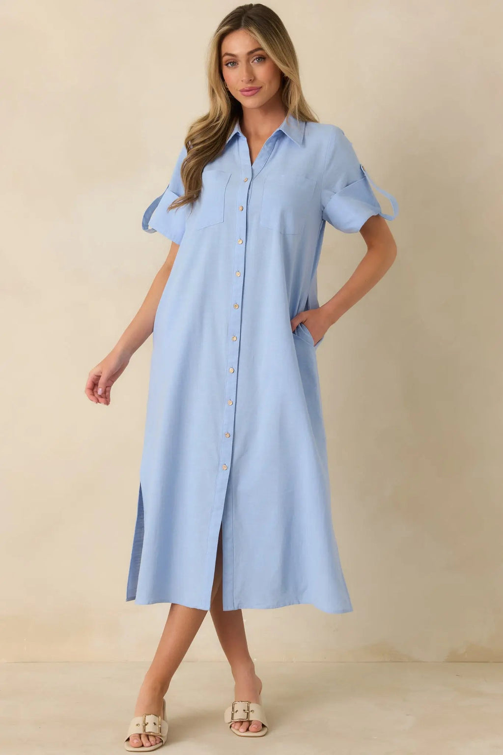 Women's Show Me the Way Light Blue Cotton Button Front Midi Shirt Dress | 100% Cotton 3