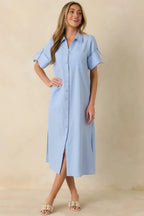 Women's Show Me the Way Light Blue Cotton Button Front Midi Shirt Dress | 100% Cotton 4