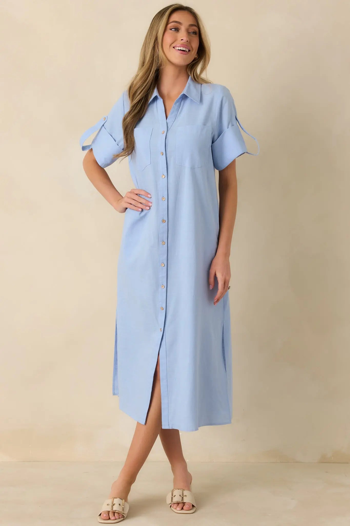 Women's Show Me the Way Light Blue Cotton Button Front Midi Shirt Dress | 100% Cotton 4