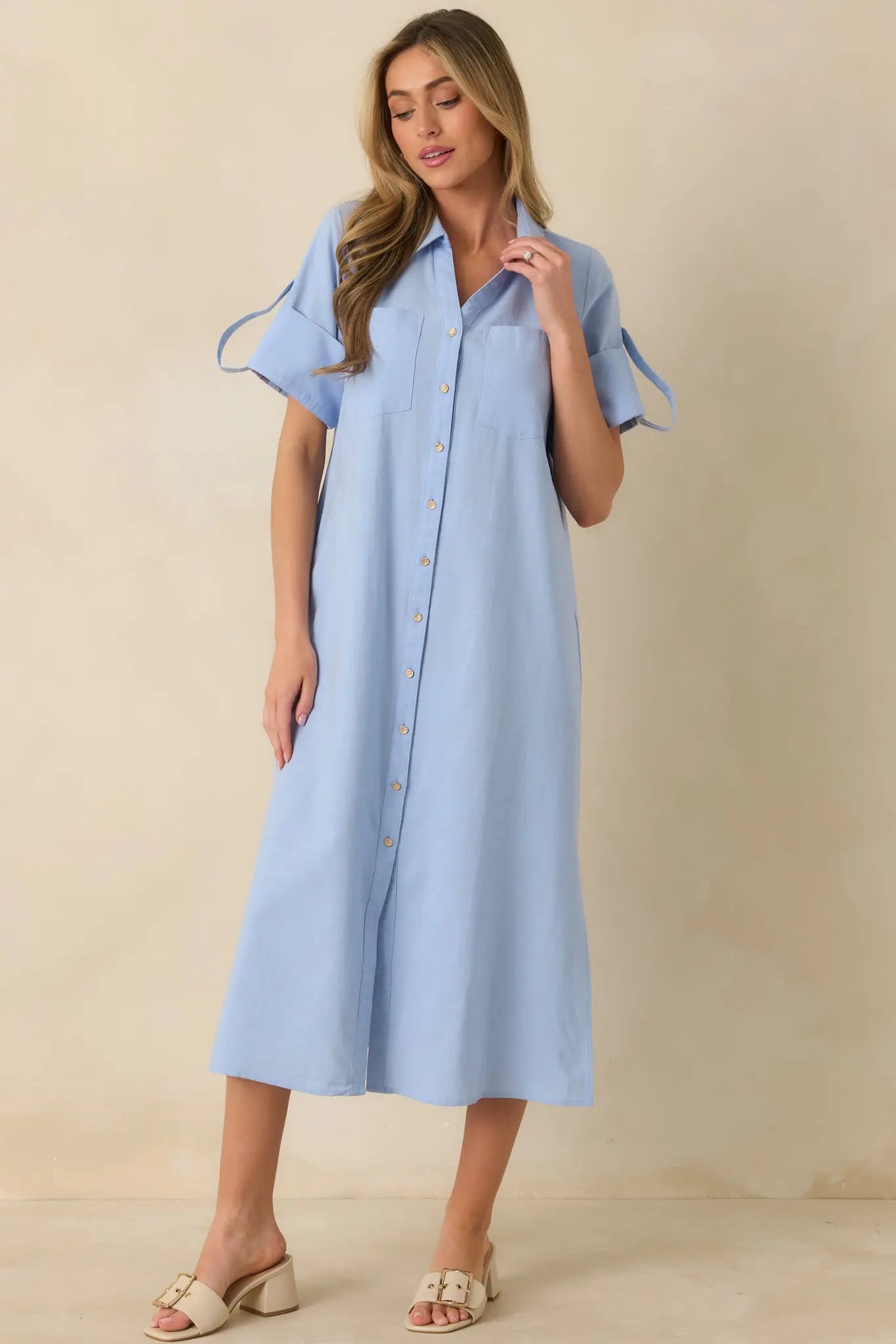 Women's Show Me the Way Light Blue Cotton Button Front Midi Shirt Dress | 100% Cotton 5