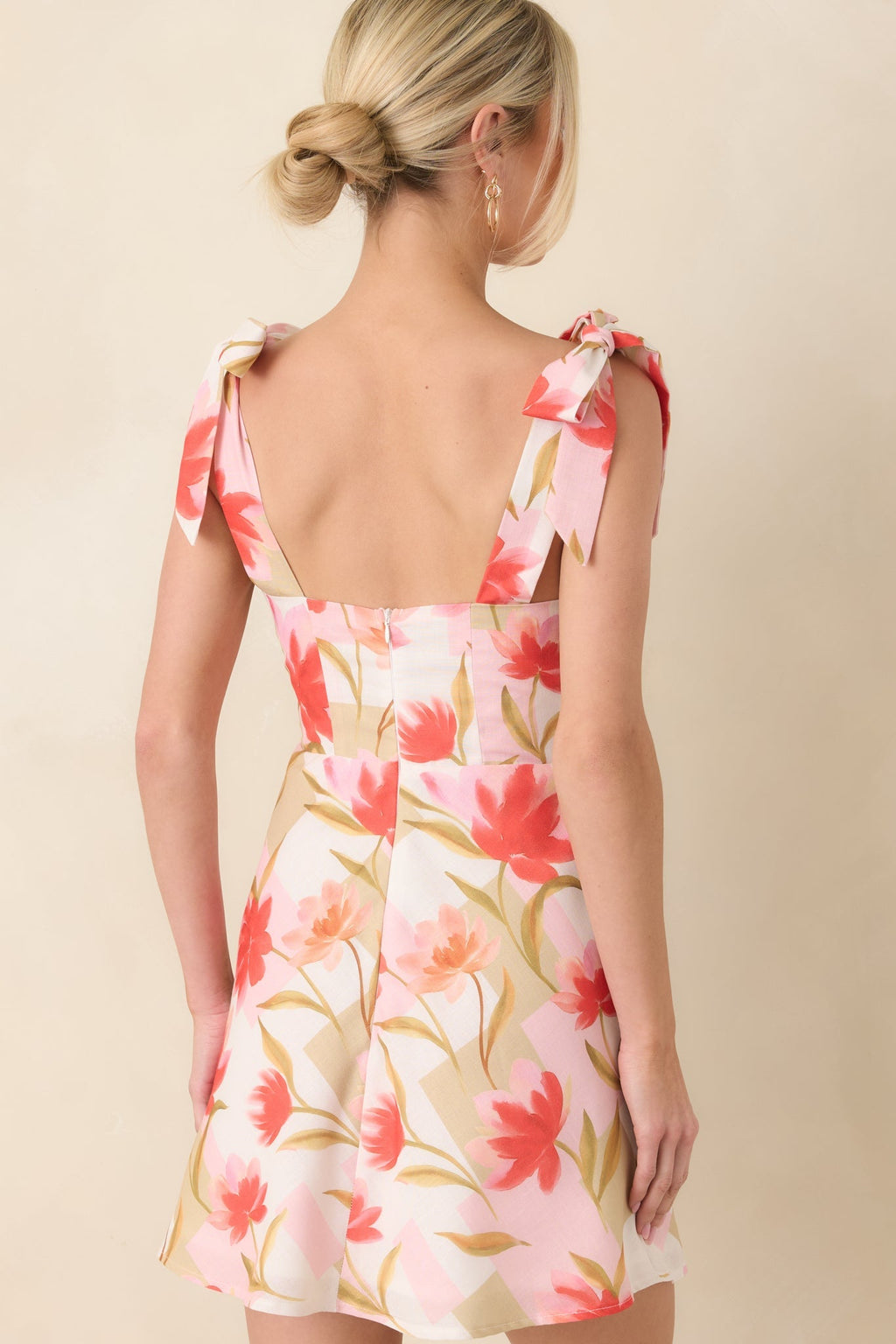 Women's Simply Adored Pink Multi Floral Shoulder Tie Mini Dress | 65% Cotton & 35% Polyester 7