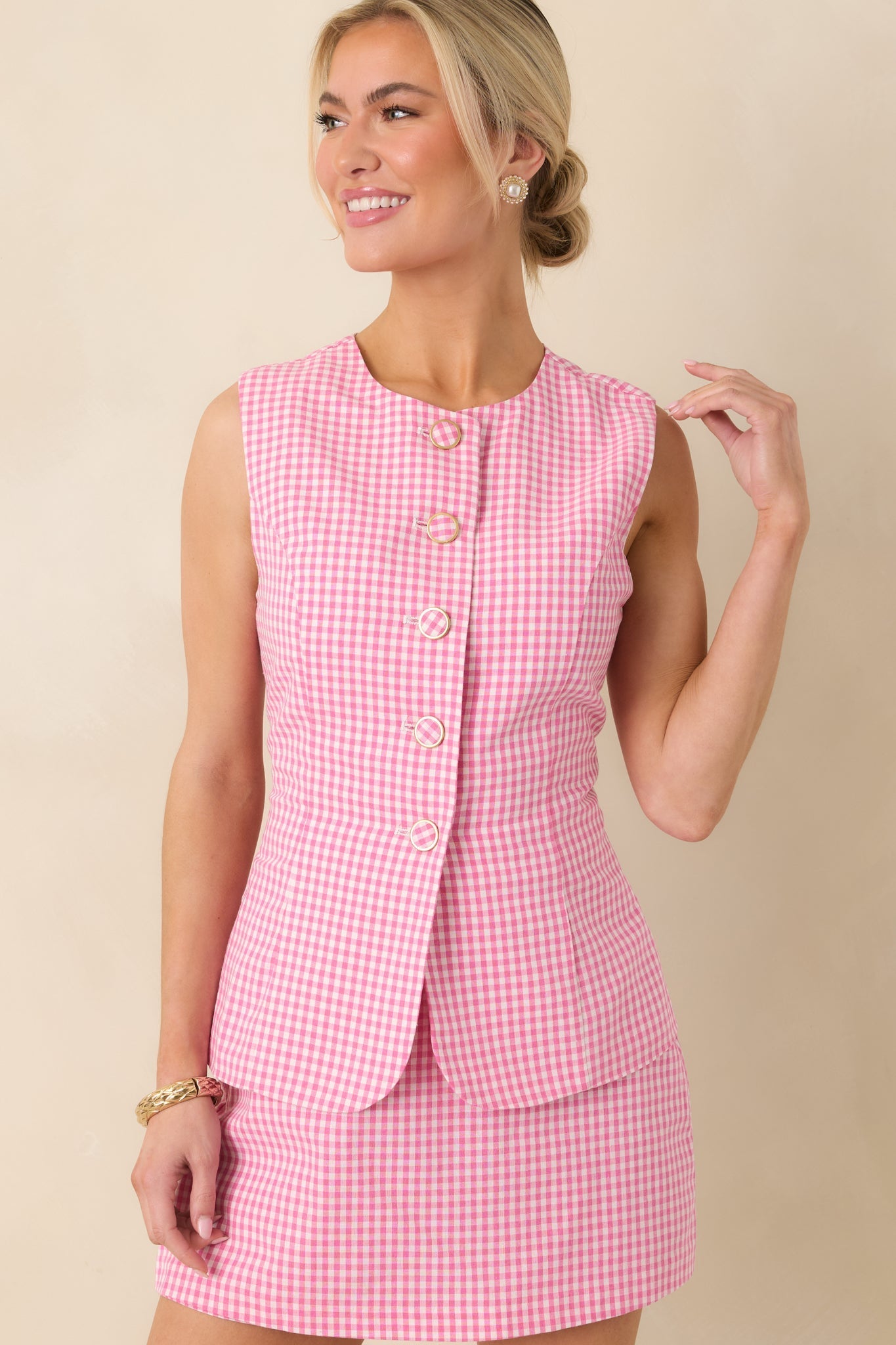 Women's Simply Joyful Pink Gingham Sleeveless Romper | 70% Cotton & 30% Polyester 0
