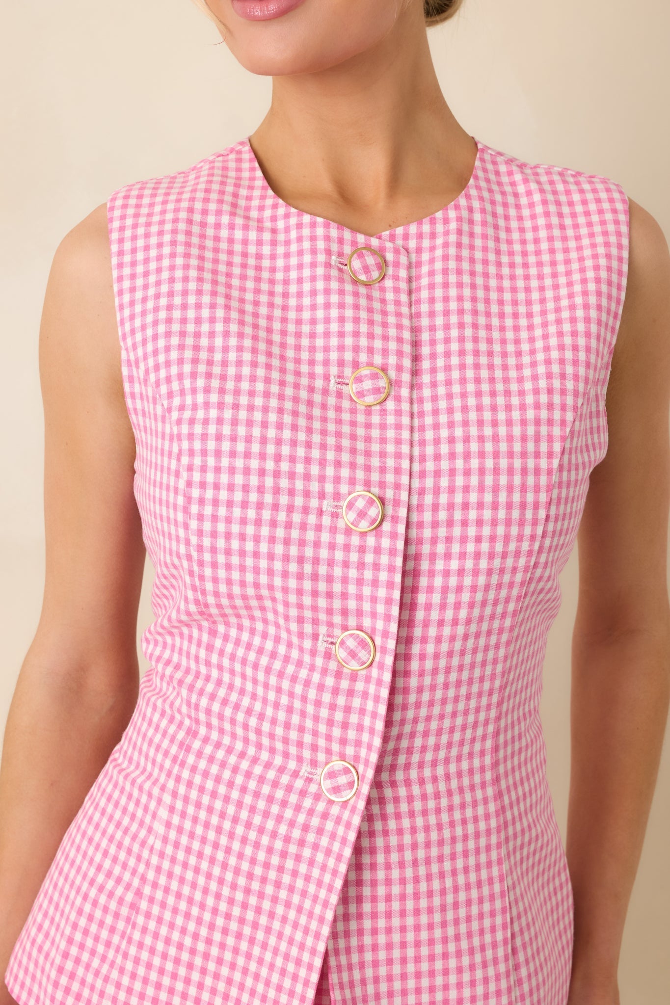 Women's Simply Joyful Pink Gingham Sleeveless Romper | 70% Cotton & 30% Polyester 1