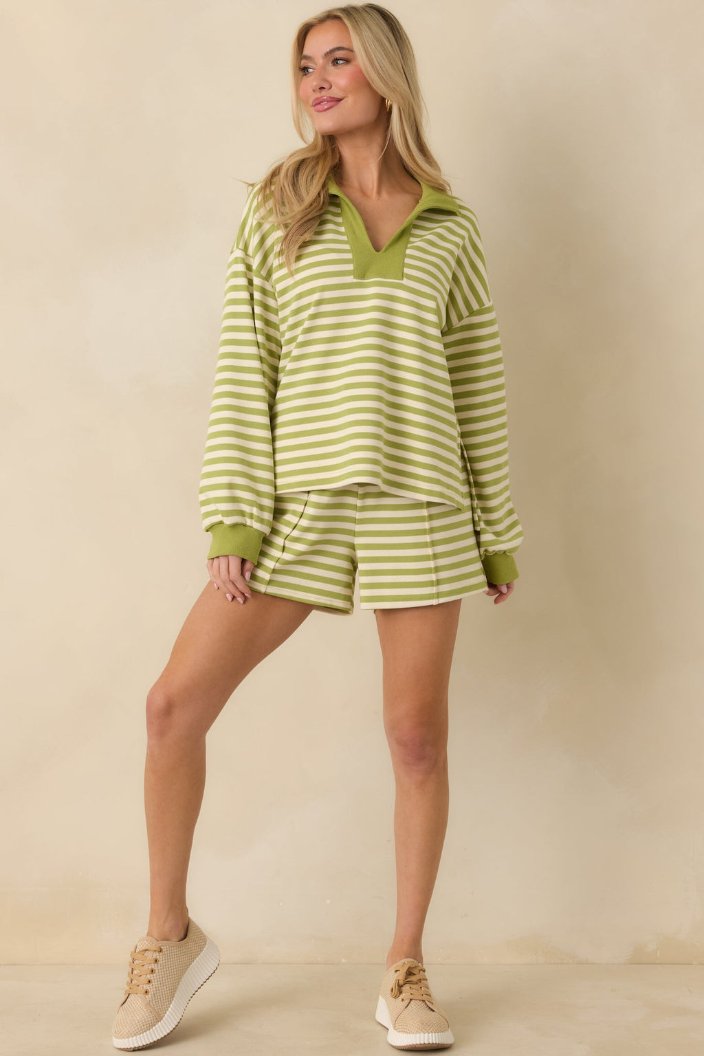 Women's Smooth Strides Matcha Green Stripe Drawstring Lounge Shorts | 50% Polyester 2