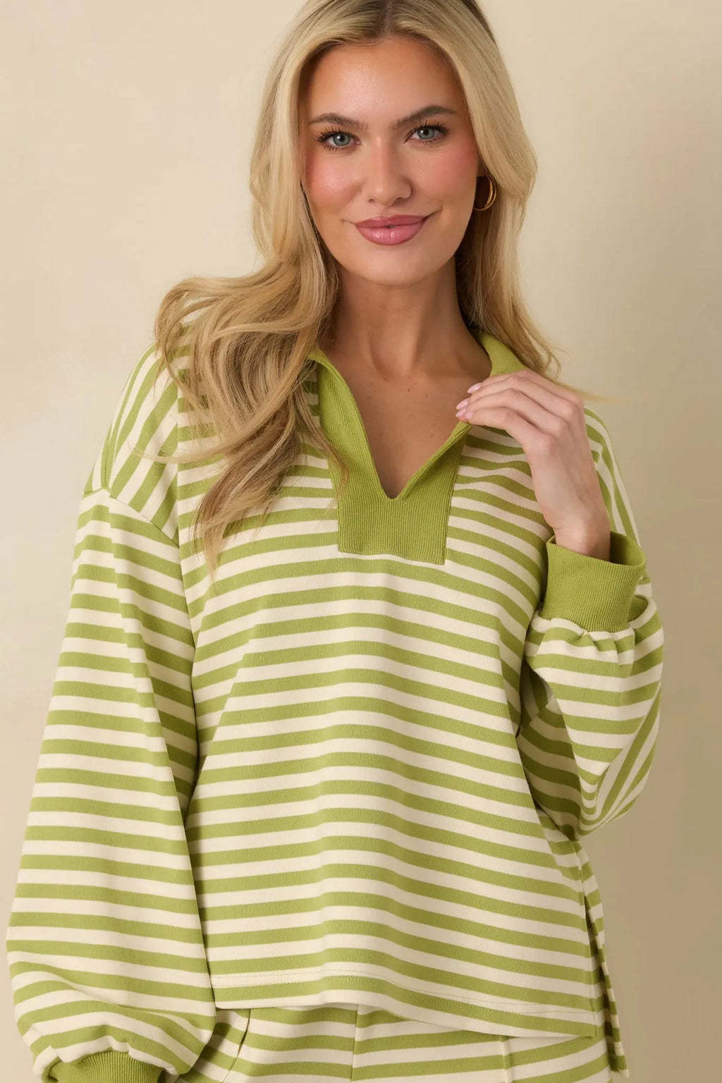Women's Smooth Strides Matcha Green Stripe Long Sleeve V-Neck Lounge Top | 50% Polyester 5