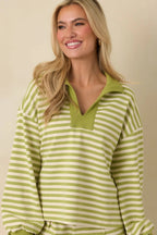 Women's Smooth Strides Matcha Green Stripe Long Sleeve V-Neck Lounge Top | 50% Polyester 6