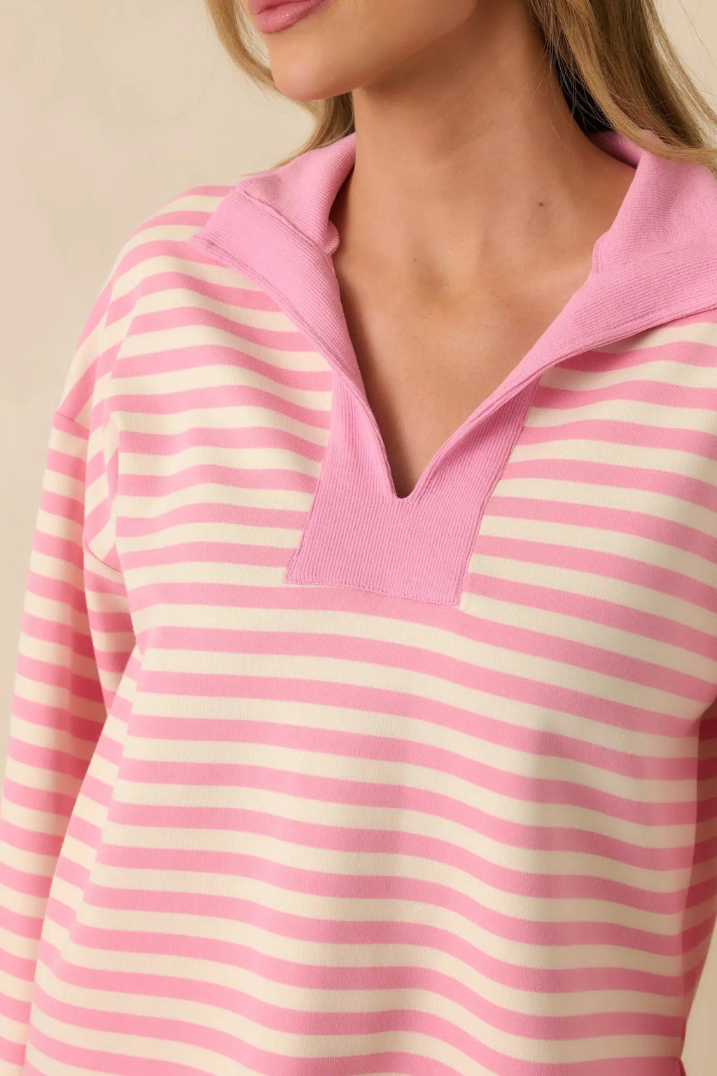 Women's Smooth Strides Peony Pink Stripe Long Sleeve V-Neck Lounge Top | 50% Polyester 5
