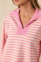 Women's Smooth Strides Peony Pink Stripe Long Sleeve V-Neck Lounge Top | 50% Polyester 5