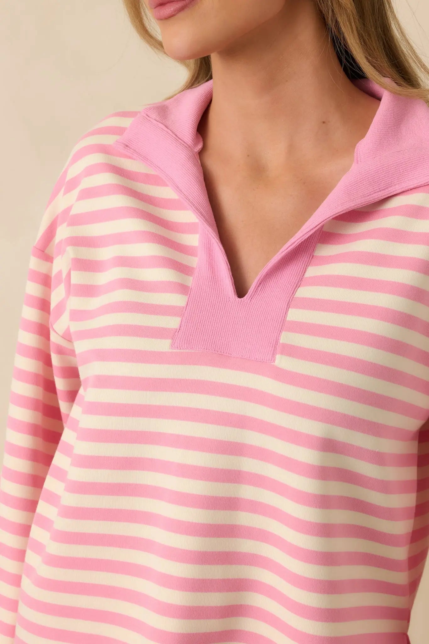 Women's Smooth Strides Peony Pink Stripe Long Sleeve V-Neck Lounge Top | 50% Polyester 5