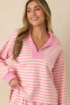Women's Smooth Strides Peony Pink Stripe Long Sleeve V-Neck Lounge Top | 50% Polyester 6