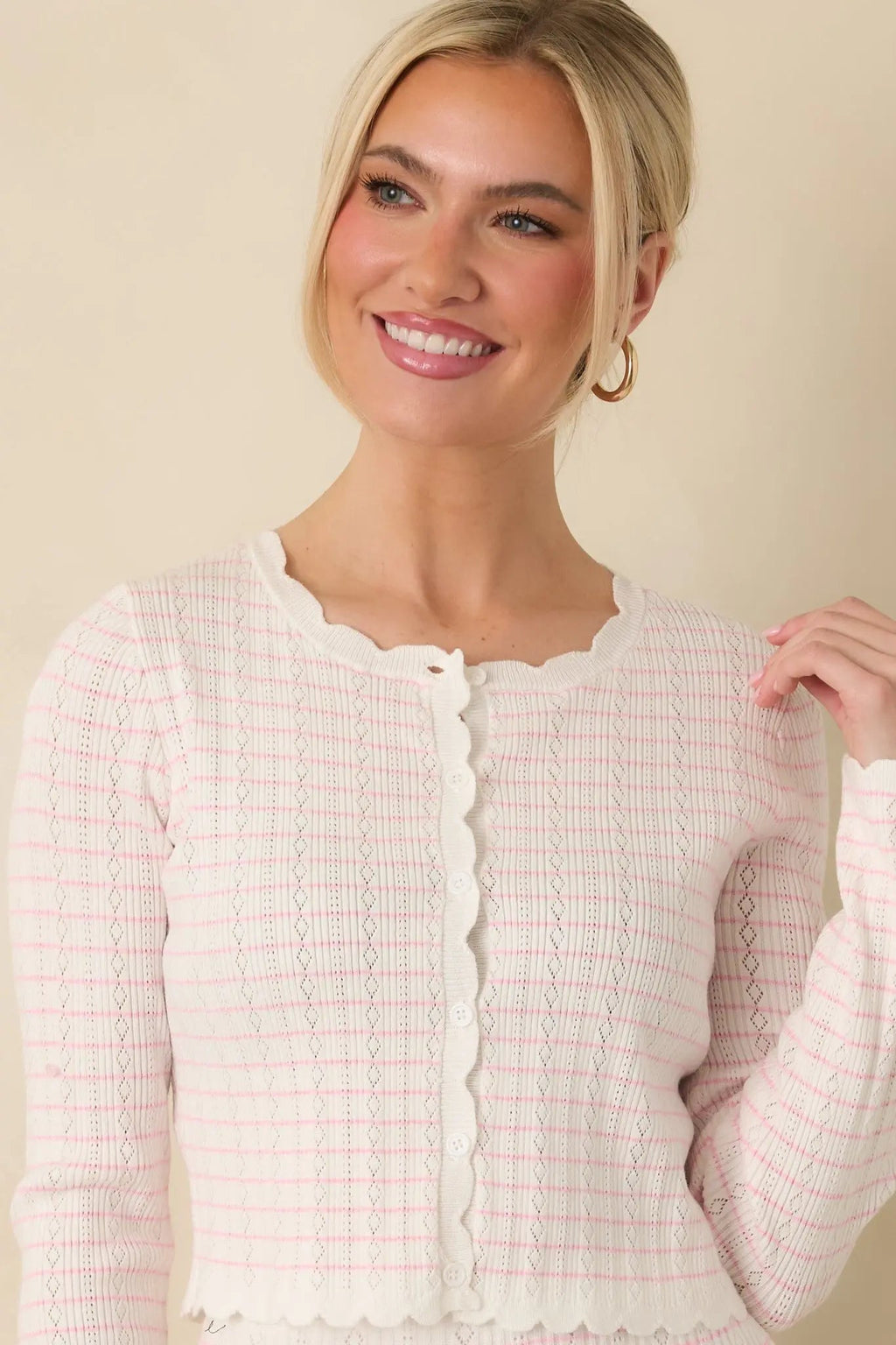 Women's Soft Echoes White Stripe Pointelle Knit Button Up Cardigan | 50% Viscose 6