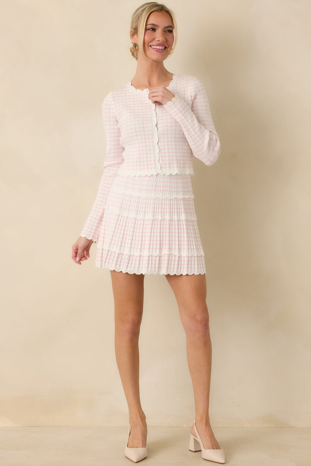 Women's Soft Echoes White Stripe Pointelle Knit Mini Skirt | 50% Viscose 1