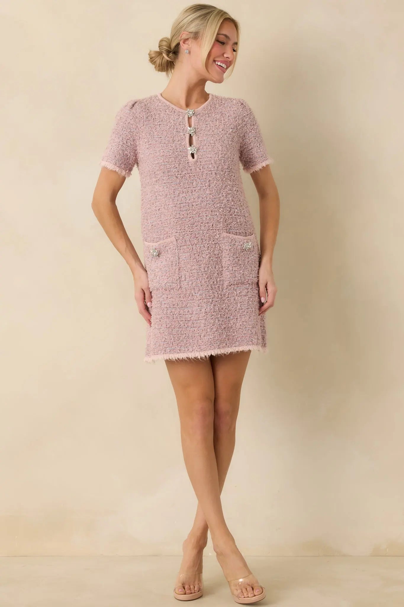 Women's Soft Kisses Dusty Pink Short Sleeve Tweed Mini Dress | 57% Polyester 0