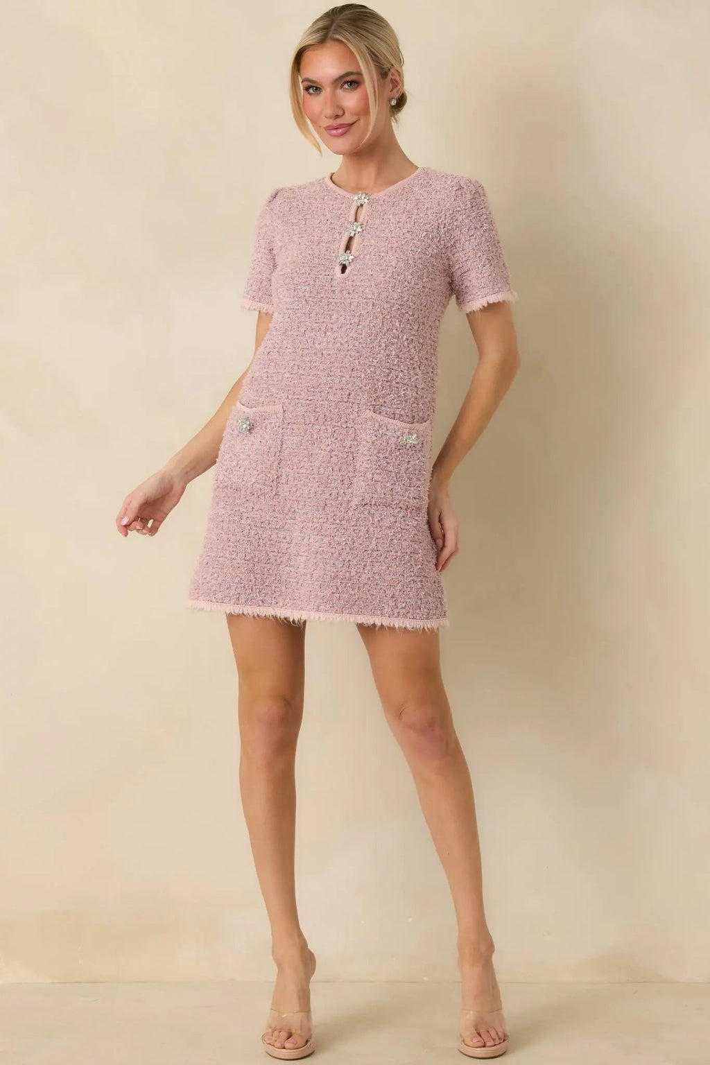 Women's Soft Kisses Dusty Pink Short Sleeve Tweed Mini Dress | 57% Polyester 3