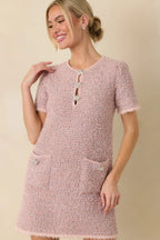 Women's Soft Kisses Dusty Pink Short Sleeve Tweed Mini Dress | 57% Polyester 5