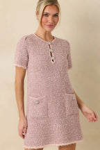 Women's Soft Kisses Dusty Pink Short Sleeve Tweed Mini Dress | 57% Polyester 6