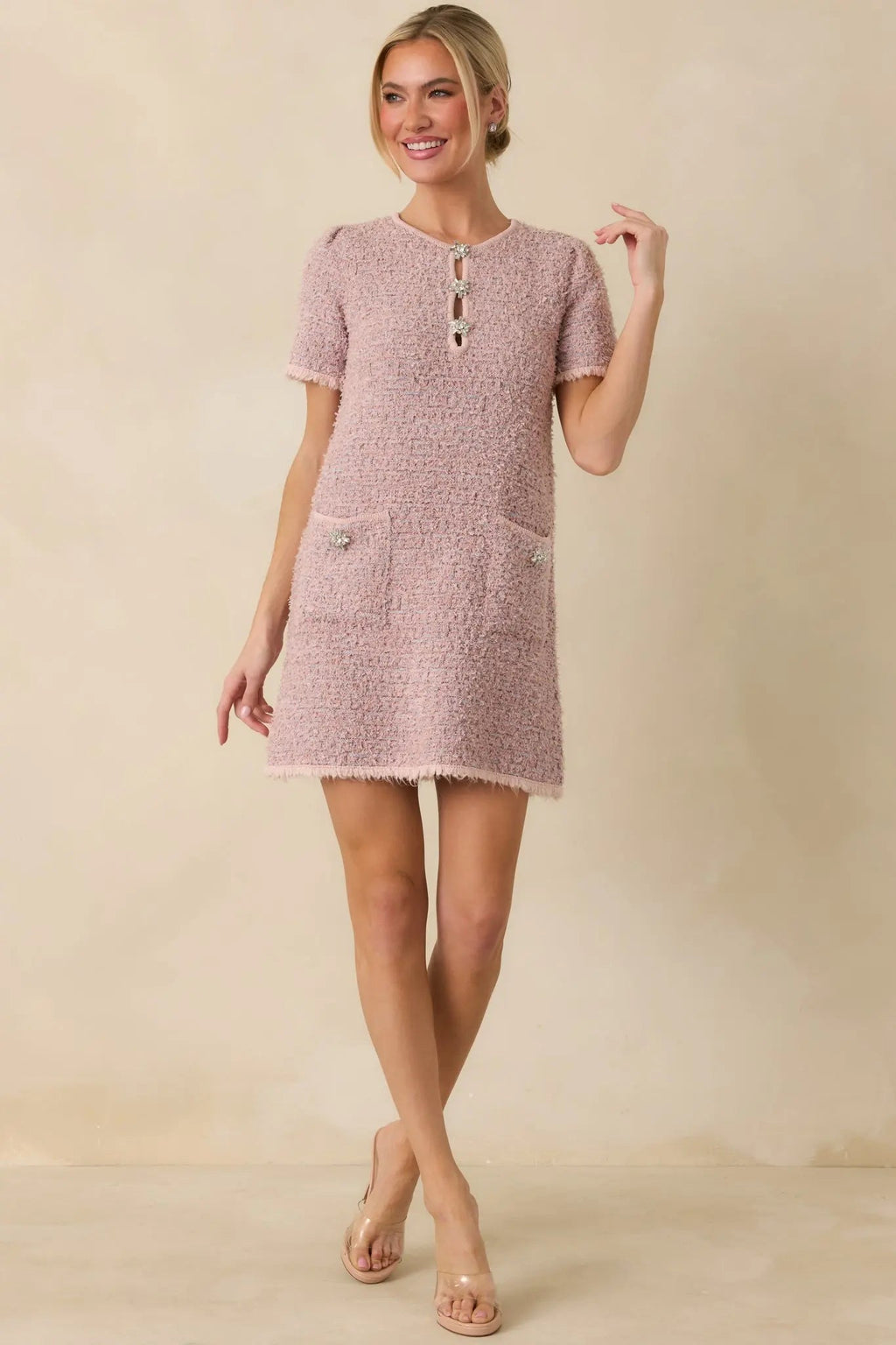Women's Soft Kisses Dusty Pink Short Sleeve Tweed Mini Dress | 57% Polyester 7