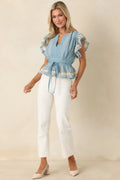 Women's Soft Serenity Blue Flutter Sleeve Peplum Top 0