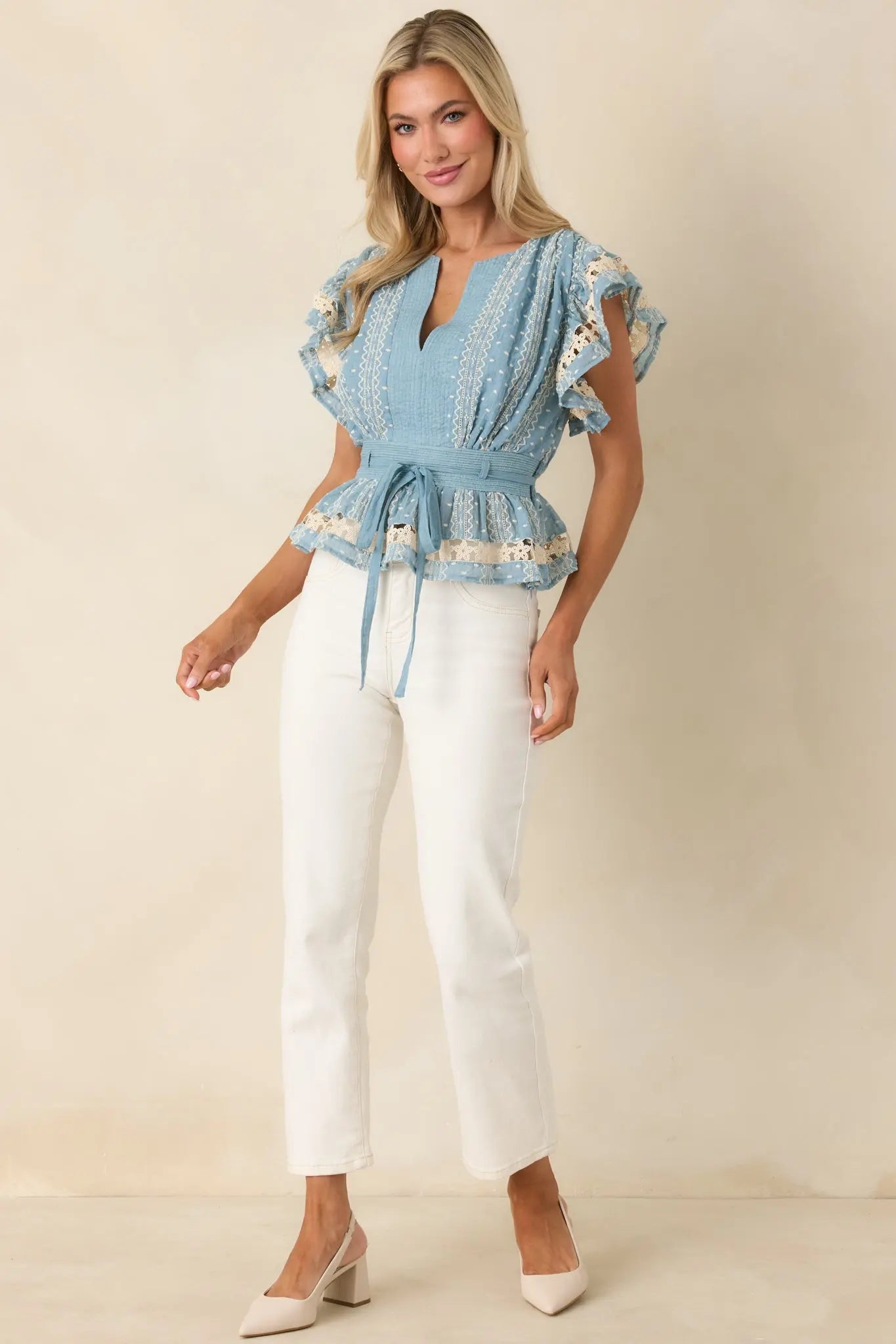 Women's Soft Serenity Blue Flutter Sleeve Peplum Top 0