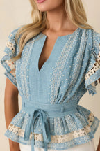 Women's Soft Serenity Blue Flutter Sleeve Peplum Top 1